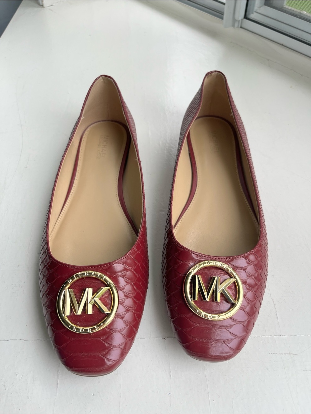 Michael Kors Red Croc-Embossed MK Logo Ballet Flats